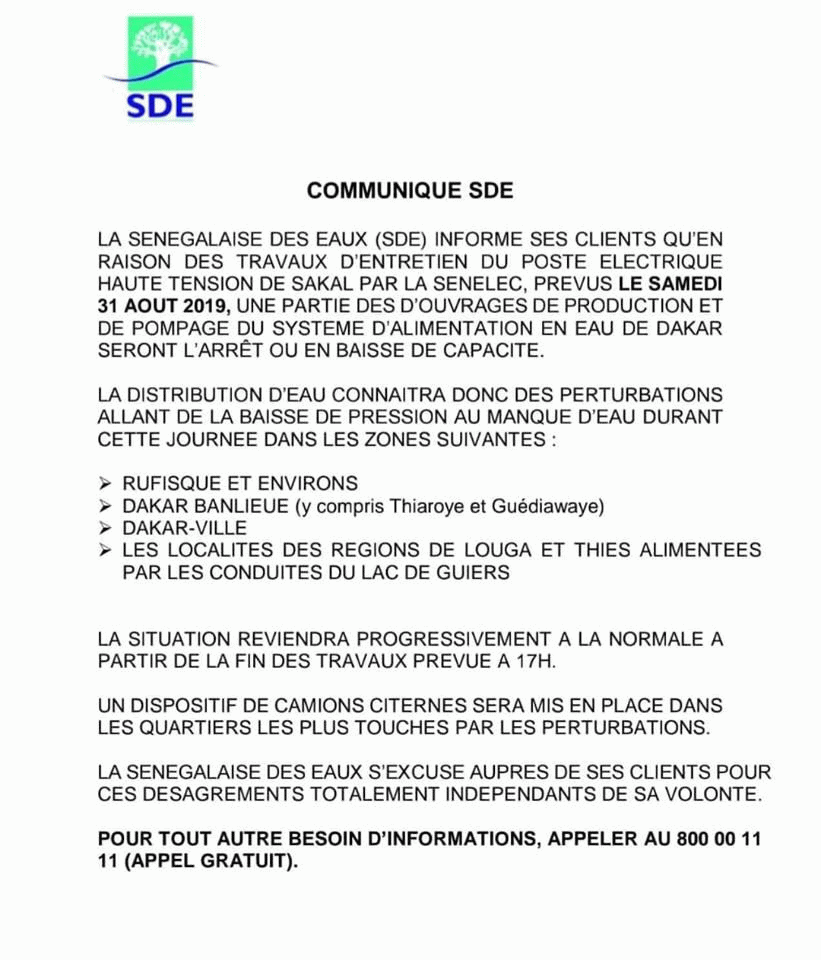 SDE : Il n’y aura pas d’eau ce weekend à Dakar et d’autres régions du Sénégal